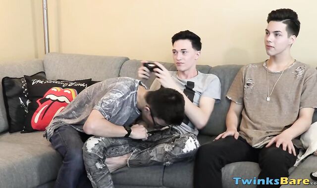Three bare dicks wild cockstroking and throatfucking