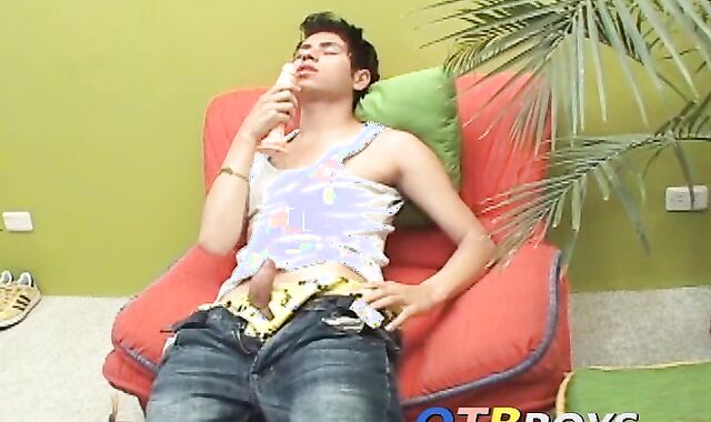 Horny twink Samuel sucking on a dildo and jerking off