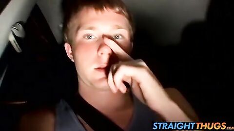 Straight thug Billy wanks in his car while driving at night