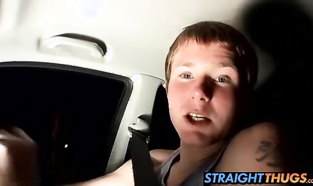 Straight thug Billy wanks in his car while driving at night