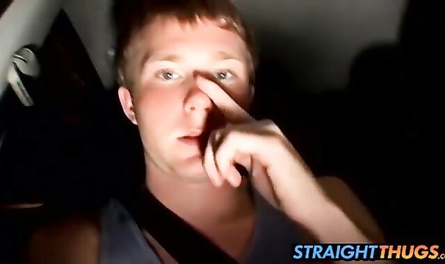 Straight thug Billy wanks in his car while driving at night