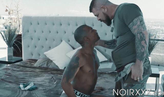 Ebony Jacen Zhu receives intense anal fucking from two white muscled guys