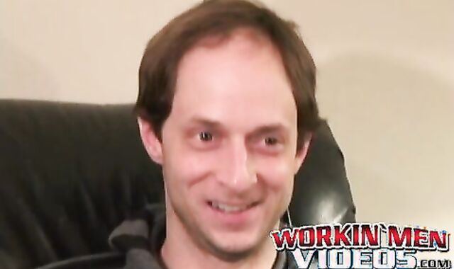 Handsome hunk jerks off his throbbing dick after interview