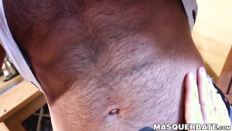 Inked hunk with nipple piercings jizzes after dicksucking