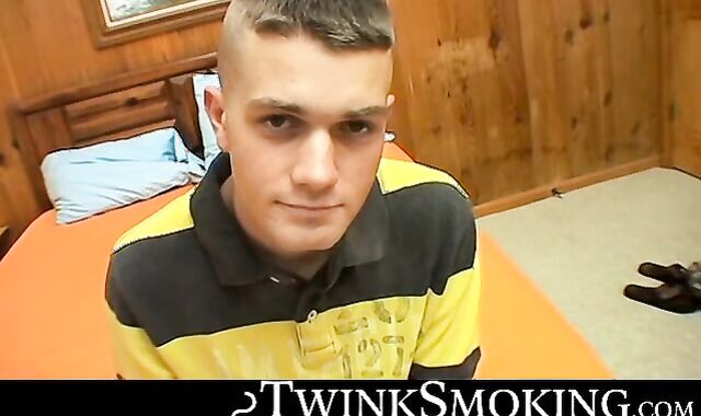 Cocky smoker Bryce Corbin smokes cig while gently stroking his cock