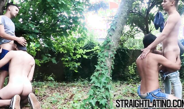 Straight Latino studs turned gay having outdoor foursome