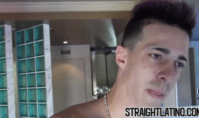 Tattooed straight jock jerks off his big cock for cash
