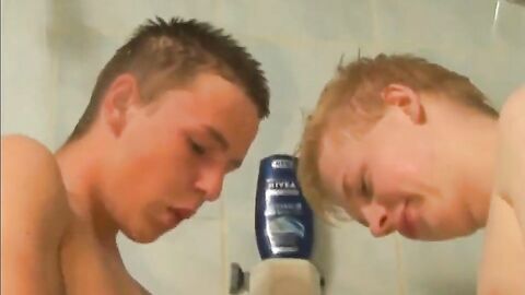 2 Twinks' Cockfight in the Shower Caught on Voyeur Cam