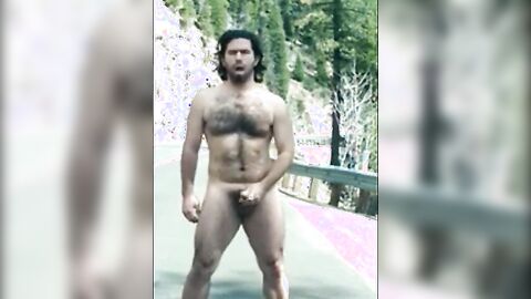 Hairy Man Masturbating Outdoors by the Road