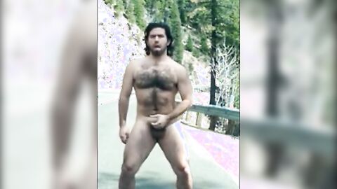 Hairy Man Masturbating Outdoors by the Road