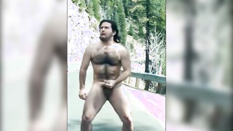 Hairy Man Masturbating Outdoors by the Road