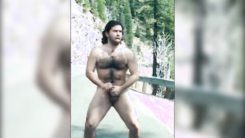 Hairy Man Masturbating Outdoors by the Road