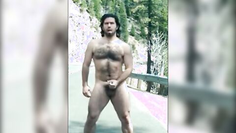 Hairy Man Masturbating Outdoors by the Road