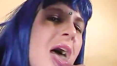 Blue-Haired Crossdresser Sucks Amateur Cock