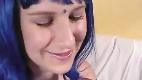 Blue-Haired Crossdresser Sucks Amateur Cock