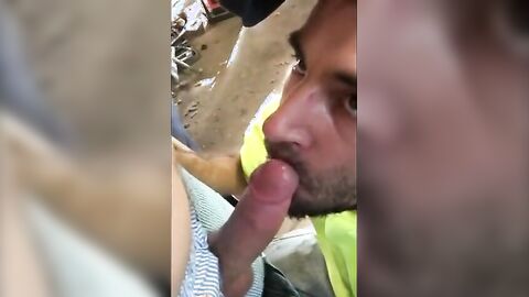 Hungry Builder Sucks Daddy's Big Cock Outdoors