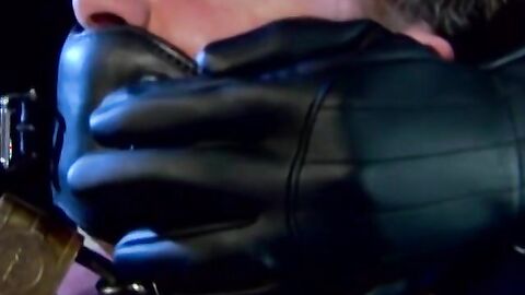 Master Callahan leather gags Derek Pain and torments his nipples with clamps