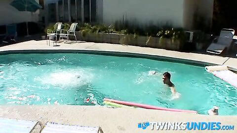 Zack Randall gives athletic Mike Roberts handjob by the pool