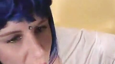 Blue-Haired Crossdresser Sucks Amateur Cock