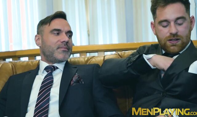 Business daddies barebacking young hunk in hardcore 3way