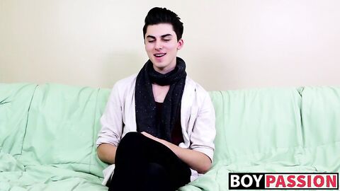 Interview leads to twink masturbating and using a big dildo