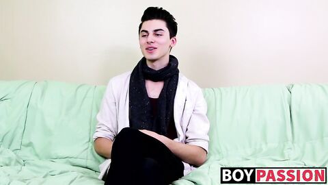 Interview leads to twink masturbating and using a big dildo