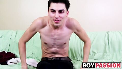 Interview leads to twink masturbating and using a big dildo