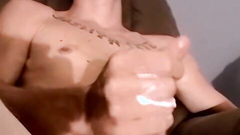 Skinny young amateur wanks off his lubed cock and cum