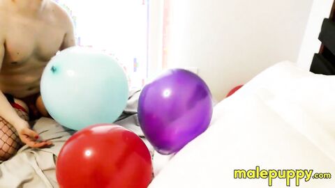 Elix Ataxx rubs the balloon over his body while rubbing dick around his playmates