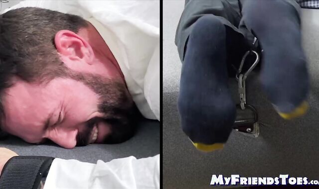 Bearded Joey was tied faced down and  screamed in tickling playing by a master