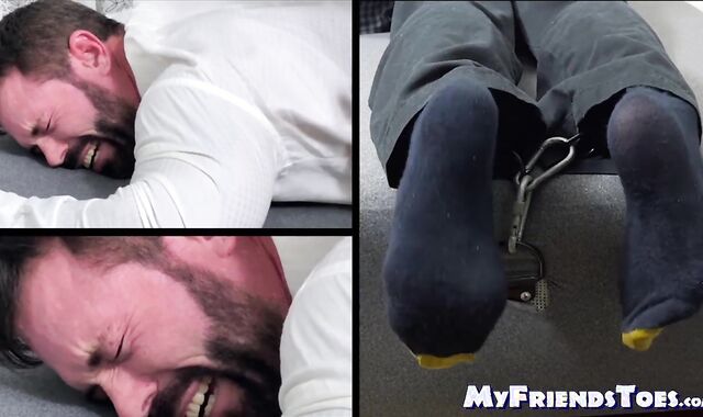 Bearded Joey was tied faced down and  screamed in tickling playing by a master