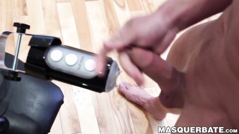 Masked jock Brad has his thick cock jerked with flashlight