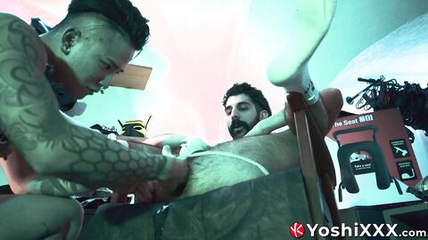 Leon Chevalier spread his hairy legs so that Japanese dom Yoshi Kawasaki can fist him