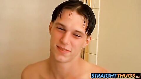 Aaron gets horny and beats hard cock on bathroom floor