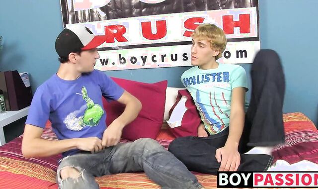 Blonde twinks face covered in cum after doggystyle drilling