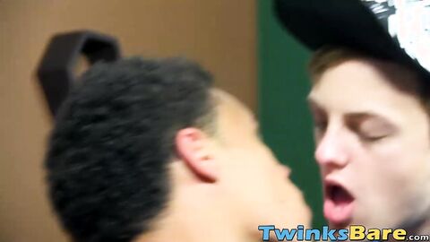 Cute ebony twink fucked bareback style after blowing dick