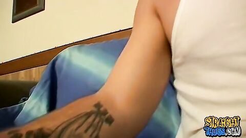 Straight thug strokes his thick cock until cum sprays out