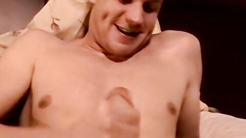 Blond amateur eagerly jacks off his solid cock and cums