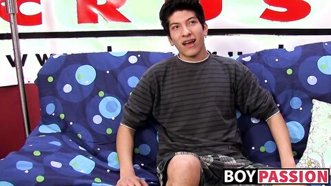 Interviewed young twink jerks off his big dick and cums
