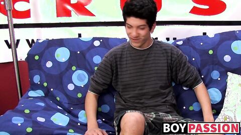 Interviewed young twink jerks off his big dick and cums