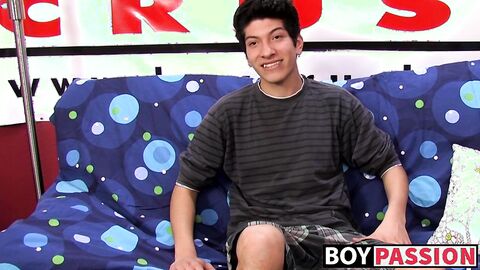 Interviewed young twink jerks off his big dick and cums