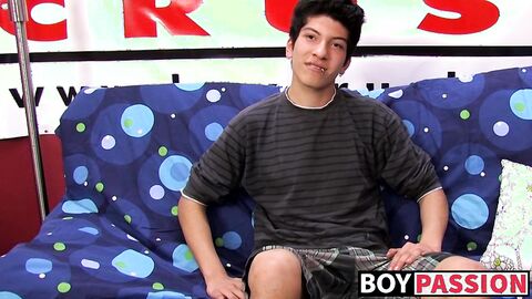 Interviewed young twink jerks off his big dick and cums