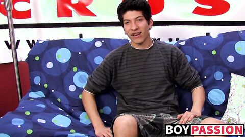 Interviewed young twink jerks off his big dick and cums