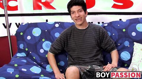 Interviewed young twink jerks off his big dick and cums