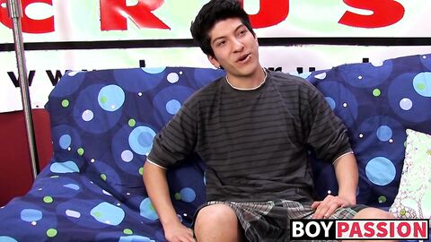 Interviewed young twink jerks off his big dick and cums