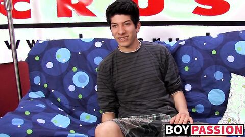 Interviewed young twink jerks off his big dick and cums