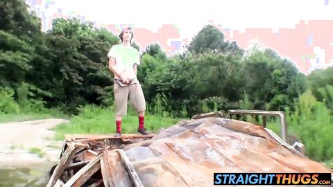 Twink Sean gets horny and wanks long cock outdoors