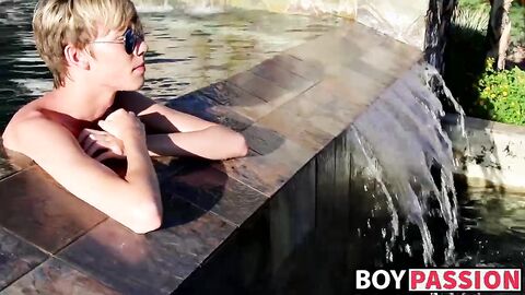 Blond twinky goes for a swim and then strokes his cock