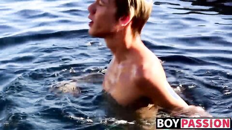 Blond twinky goes for a swim and then strokes his cock