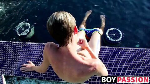 Blond twinky goes for a swim and then strokes his cock